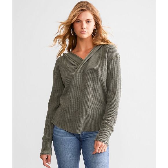 BKE Sweaters - BKE Olive Green Waffle Knit Hooded Top Raw Hem  Boho Medium